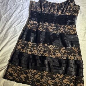 S.L. Fashions Black and Gold Lace Mini Dress